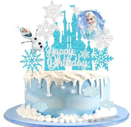 Ice Princess Cake Toppers, Cake Toppers For Girls, Silver Blue Snowflake Cupcake Toppers for Princess Happy Birthday Cake Decorations (A)