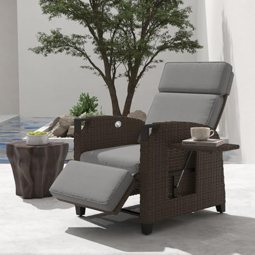 UDPATIO Transat Jardin Extérieur avec Coussin - Bain de Soleil en Rotin aux Intempéries - Dossier Réglable 150° avec Table Latérale - pour Intérieur et Extérieur, Coussin Gris + Rotin Brun Foncé