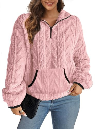 Koerye Donna Felpa Senza Cappuccio in Pile Pullover Jacquard Casual Pile Top Termico Eleganti Hoodie Fleece Jumper Maglietta Autunno Invernali Rosa,L