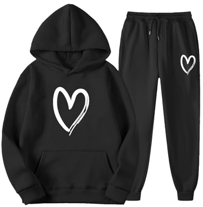 Celanisai Tuta da jogging da donna, taglie grandi, tuta sportiva con stampa a cuore, design a cuore, comoda e morbida, 2 pezzi, con cappuccio e pantaloni a vita alta, per il tempo libero, O nero., 3XL