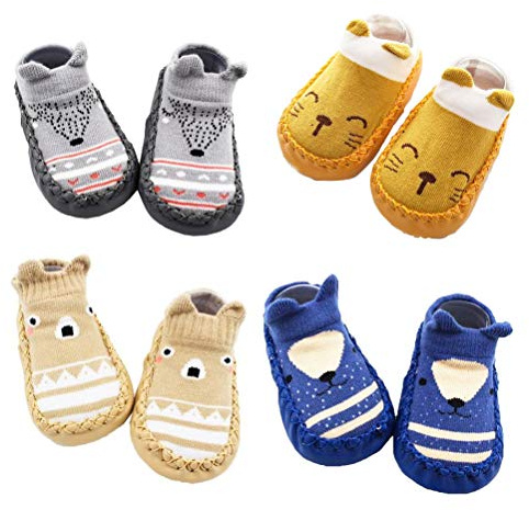 XM-Amigo 4 Pairs of Baby Boys Girls Indoor Slippers Anti-Slip Socks Shoes, Blue Set01, 6-12 Months