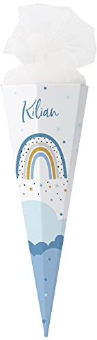 Striefchen® Schultüte Regenbogen mit Namen zur Einschulung 2024 Blau - 80 cm