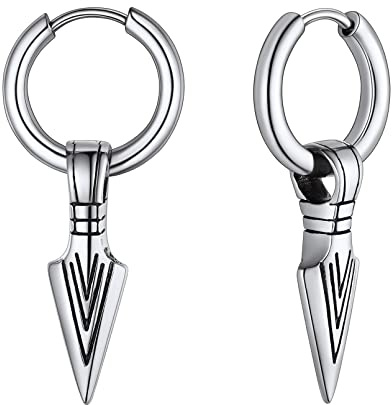 FaithHeart Boucles d'Oreilles Homme en Acier Inoxydable/Plaqué Or/Noir, Petite Créole avec Pendante Lance Flèche Viking, Bijou Gothique Unisexe