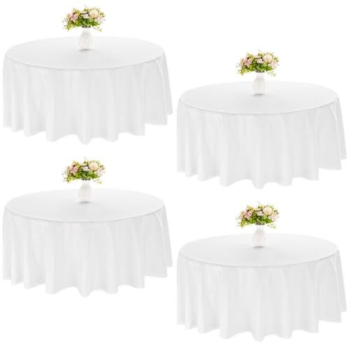 JALANCY 4 Pack Round Tablecloth 90 Inch White Polyester Washable Decorative Fabric Table Covers for Wedding Dining Table Buffet Parties Banquet Decor
