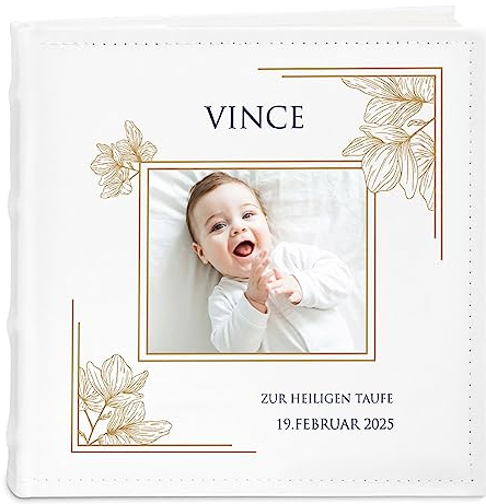 Maverton Einsteckalbum mit Aufdruck - Fotoalbum für 200 Fotos 10x15-50 Seiten - Größe: 21x22cm - Weiß - personalisierte Geschenke für Kind zur Taufe Geburt - Geburtstagsgeschenk