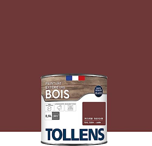 Tollens - Peinture extérieure bois 2 en 1 - Ultra Résistante - Finition Satin - Laque Riche en Résine - Pour Toute Boiserie Extérieure - Sans Sous-Couche - Satin - Rouge Basque - 0,5L = 8m2