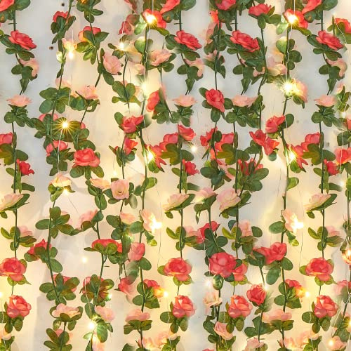 MARTINE MALL Flower Garland Rose Vines, 2 Strands 16.5Ft Flowers Vines for Bedroom with 16.5 Ft/50 LED String Lights, Hanging Flower Vines Floral Garland Decorations for Room Table Wedding Decor