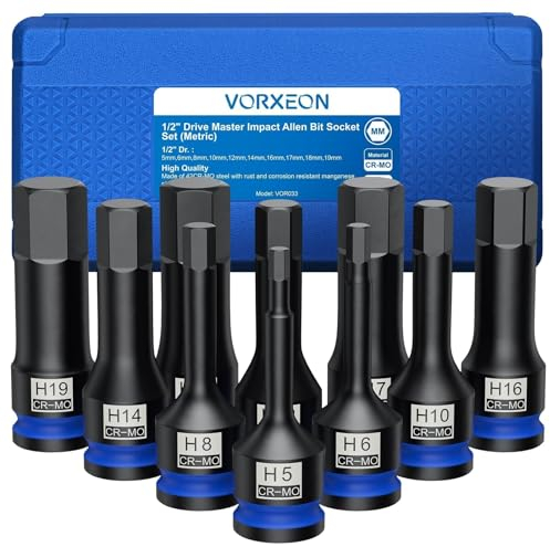 VORXEON 1/2 Impact Socket Set en 42CRMO Heavy Duty Allen Key Socket Set 1/2 Drive for Impact Wrench 5mm 6mm 8mm 10mm 12mm 14mm 16mm 17mm 18mm 19mm with Storage Case
