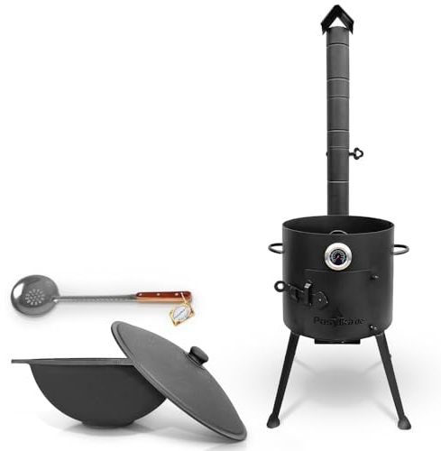 Utschak Uchag - Horno de fuego de 36 cm de diámetro, 2 mm, acero con termómetro de base plana Kazan de Uzbekistán, 10 l, cuchara de espuma para Plov 48 cm Казан Учаг Kazan Asia (Set 2)