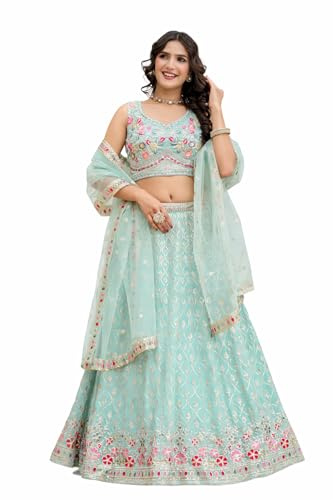 TRENDMALLS Women 's LightGreen Georgette Embroidery Sequence Work Lehenga Choli with Dupatta For Women Ready to wear (L258-Pista-L)