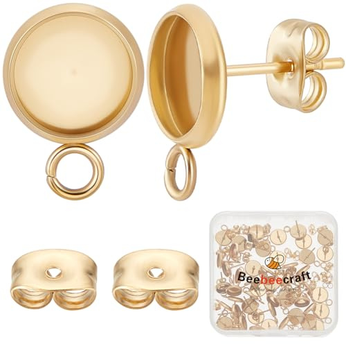 Beebeecraft 1 låda 50 st stiftörhängen cabochon inställning 304 rostfritt stål knoppinfattning örhänge tomma med ögla för gör-det-själv örhängestillverkning (bricka: 8 mm)