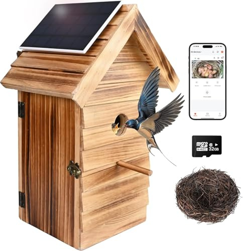 Bird House with Camera, Smart Birdhouse with Camera Solar Power, 2.4G WiFi & App Notify 160° Wide Wireless 1080P HD Solar Powered Birdhouse (Dark Color)