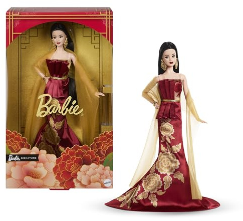 Barbie Poupée Signature Nouvel an Chinois Portant Une Robe Rouge à imprimé Pivoine doré, Jouet à Collectionner pour Les fêtes, JJX83