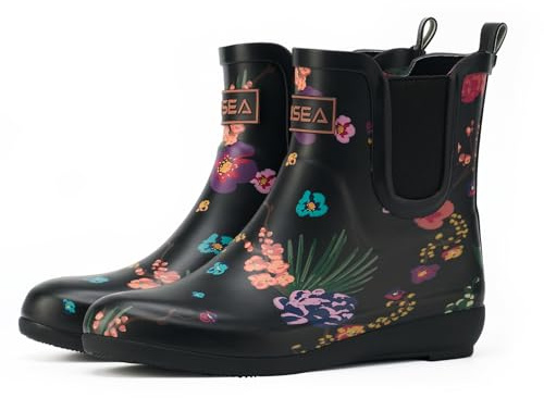 HISEA Rubber Rain Boots for Women Fashion Waterproof Chelsea Boots Short Ankle Garden Shoes Wedge Heel Anti-Slipping Rainboots for Ladies Outdoor Work Booties with Comfort Insole, Size 8 Black Floral