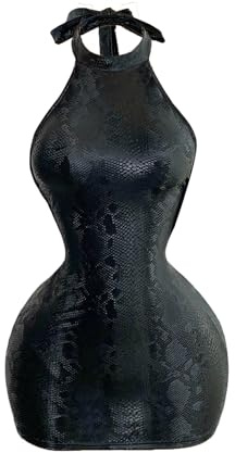 SOLY HUX Women's Snakeskin Print Halter Mini Dress PU Leather Sexy Backless Bodycon Party Club Going Out Dresses Black Large