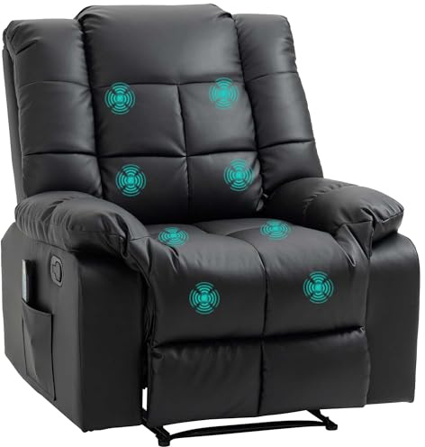 HOMCOM Poltrona Massaggiante Reclinabile Manuale 165° con 8 Punti di Massaggio e Poggiapiedi, Poltrona Relax Imbottita con Telecomando, Tasche Laterali, in Pelle PU, Max 160kg, per Casa Ufficio, Nero