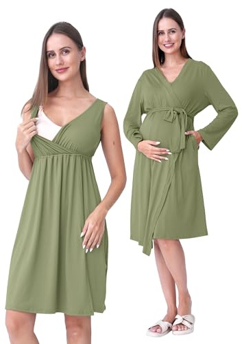 SUNNYBUY Set 2-pezzi con camicia da notte per gravidanza e allattamento con vestaglia | Set 3-in-1 da notte per gravidanza per nascita, degenza e allattamento, biancheria da notte per ospedale