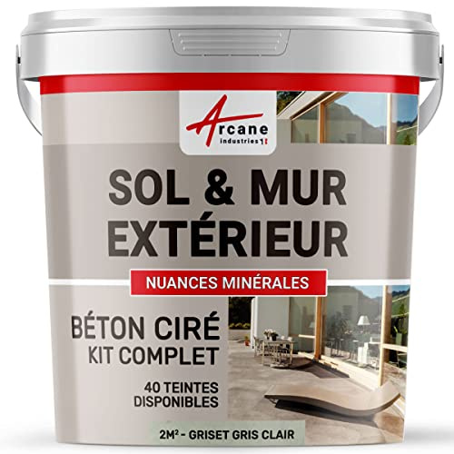 béton ciré extérieur, pour sol, mur, terrasse, escalier, enduit décoratif minéral, en kit - 2 m² (en 2 couches) Griset Gris Clair - ARCANE INDUSTRIES