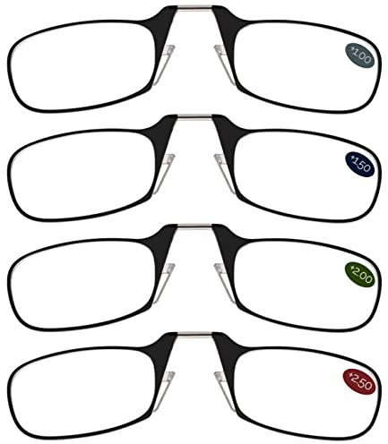 ThinOptics Reading Glasses Black Frames Clarity Kit with Universal Pod Compact Case - +1.0 +1.5 +2.0 +2.5 - Ultra-light Foldable Rectangular Glasses - Clip-on Nose with Flex-Fit Technology