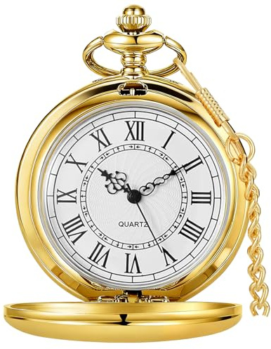 Tiong Vintage Gold Pocket Watch with Chain Smooth Steel Quartz Roman Numeral Men Quartz Pocket Watches