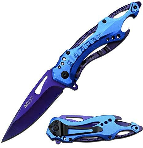 MTECH USA Folding Knife, 3.75-Inch Half-Serrated Blade, Titanium Coating, Glass Breaker, Pocket Clip (Blue Purple)
