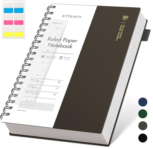 EMSHOI B5 Spiral Notebook, Lined Notepad, PVC Cover, 300 Pages, Coffee | 100GSM Paper, Flexible Plastic Cover, Notepad with Sticky Notes, Pocket, Pen Loop, Bookmark Ruler for Writing, 19 x 25cm