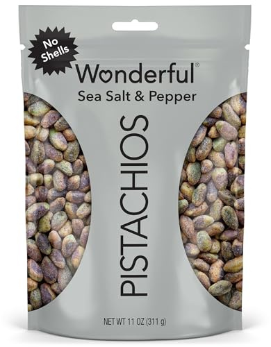 Wonderful Pistachios No Shells, Sea Salt & Pepper Flavored Nuts, 11 Ounce Resealable Bag, Protein Snacks, Gluten Free, Healthy Snack