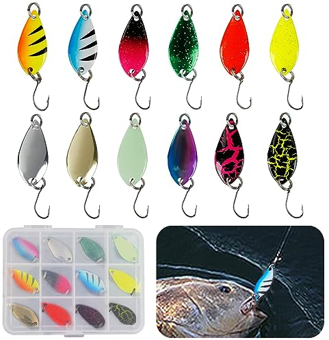KASESSS 12Stück Spoons Forelle Set, Forellenköder 2.5g 3cm, Forellen Angeln Einzelhaken, Forellen Spoon Forellen Wobbler Spinner Angeln, Angelköder Kunstköder mit Box für Hecht, Zander, Barsch,Forelle