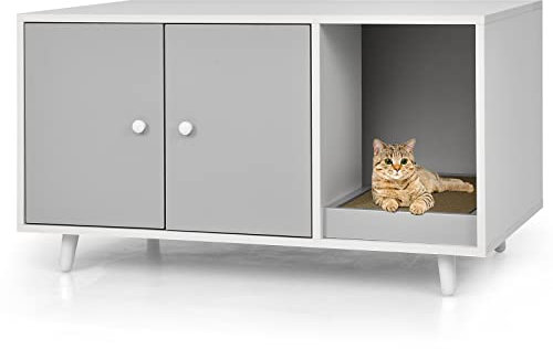 COSTWAY Katzenschrank für Katzentoilette, 2 in 1 Beistelltisch Katzenhaus, Katzenklo Schrank mit Kratzbrett & 2 Türen & Eingang, Katzenmöbel für Katzen Hunde Haustier, 90x50x50cm (Grau)