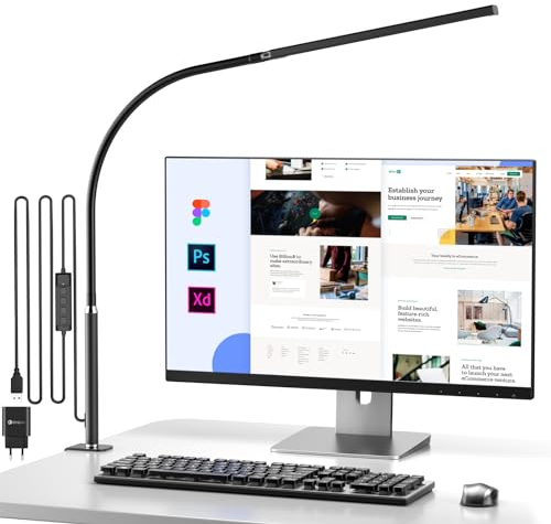 LED Schreibtischlampe, Schreibtischleuchte für das Homeoffice, Schwanenhals Klemmleuchte, Bürolampe, 5 Farbmodi & Helligkeit, Klemmlampe, Klemmleuchte zum Zeichnen, Lesen und Studieren, Mattschwarz