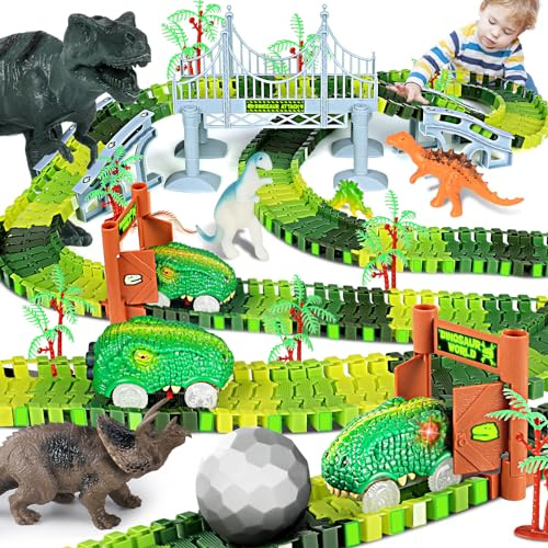 Dinosaur Toys for 3 4 5 6 7+ Year Old Boys Girls,208 PCS Dinosaurs Race Track Flexible Track Set Create A Dinosaur Games World Road Gifts for 3 4 5 Year Old Boys Birthday (208)
