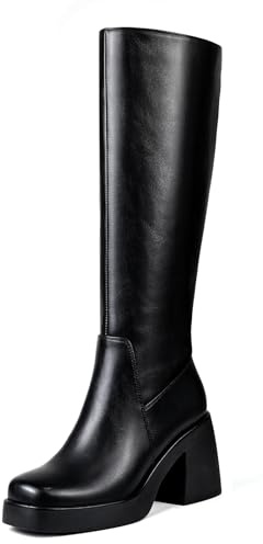 HEIFIN Black Knee High Boots for Women Leather Tall Boots Square Toe Chunky Block Heeled Boots with Side Zipper Fashion Dress High Boots
