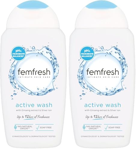 Femfresh Ultimate Care Active Vaginal Wash - Intimate Feminine Hygiene Shower & Bath Gel Cleanser - pH Balanced, Soap Free, Fragrance Free Gel Formula with 12-hour Sweat Protection - 250ml (Pack of 2)