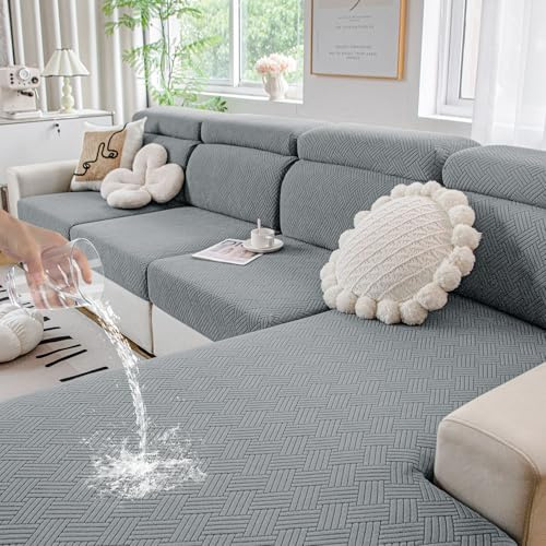 hyha Waterproof Couch Cushion Covers, Stretch Magic Sofa Seat Slipcover, Waterproof Sectional Couch/Sofa Cushion Covers for Pets Washable with Elastic Bottom(3PC, Grey)