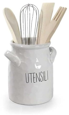 GICOS SRL Portautensili da Cucina in Ceramica Bianca + Utensili 16 x 17,5 cm