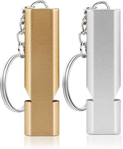 ZUOQIANG 2 Stück Signalpfeife Trillerpfeife, Trillerpfeifen Metall Notfallpfeife mit Schlüsselanhänger, Edelstahl High Decibel Pfeifen für Berg Überleben Notfall Outdoor(Silber+Gold)