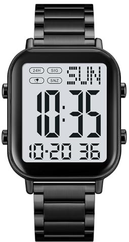 FANMIS Classic Unisex Digital Sports Watches Women's Men's Multifunctional Watch Stainless Steel Band Square Big Numbers Dial Waterproof Electronic Led Watch (Black White)