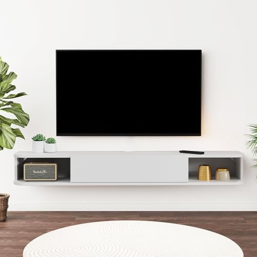 Pmnianhua Floating TV Shelf, Wall Mounted TV Cabinet, Floating Shelves with Door, Modern Entertainment Media Console Center Large Storage Under TV (120cm, White)