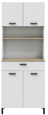 Habitdesign – Mueble de Cocina Alto con 4 Puertas y 1 Cajón, Armario Auxiliar para Cocina, Acabado Blanco Artik y Natur, 185x72x40 cm – Modelo Kira