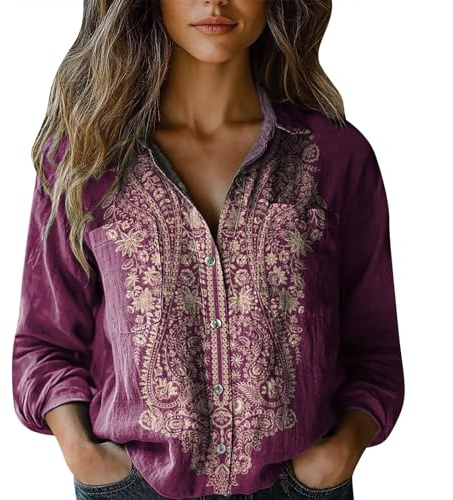 Camicia Donna Estiva Elegante, Camicetta in Lino Curvy Camicia a Fiori Maniche Lunghe Moda Blusa Scollo a V Eleganti Camicie con Bottoni Stampa Floreale Allentato Bluse Shirts Casual Vintage Tops