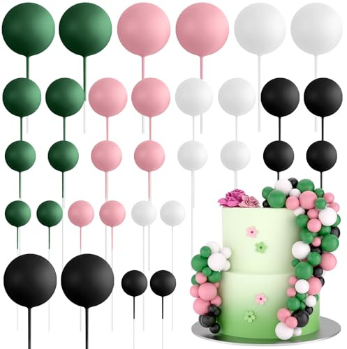 ASTARON 32 piezas de bolas para decoración de tartas, mini globos, palitos para decoración de tartas, bolas de espuma, púas para tartas para bodas, fiestas, cumpleaños (rosa, verde y negro)