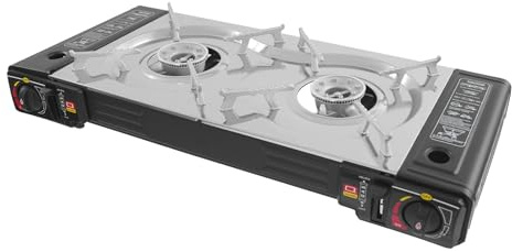 Set 2 in 1 per barbecue a gas da campeggio, a 2 luci, con piastra, accensione piezoelettrica automatica, fornello da campeggio per butano o gas, 2500 W