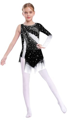 Chaoyinn Bambini Vestito Danza Latino Jazz Una Manica Strass Abito Pattinaggio Artistico Competizione Bambina Body Ginnastica Ritmica Nero 11-12 Anni