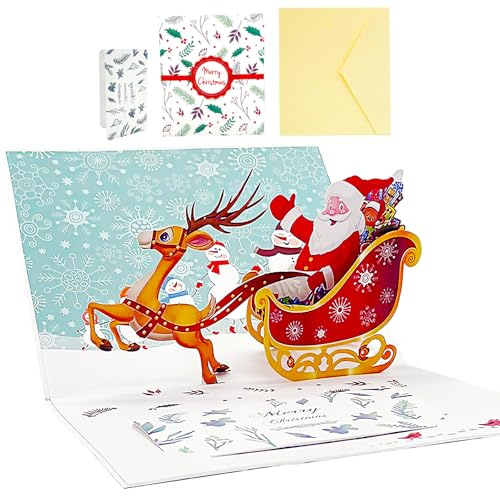 Tarjetas de Navidad 3D, Pop Up Tarjetas Navidad con Sobre, Plegable Postales Navidad con Papá Noel Reno, Tarjeta de Navidad, Christmas Cards para Familia Amigos Niños Colegas, Feliz Navidad