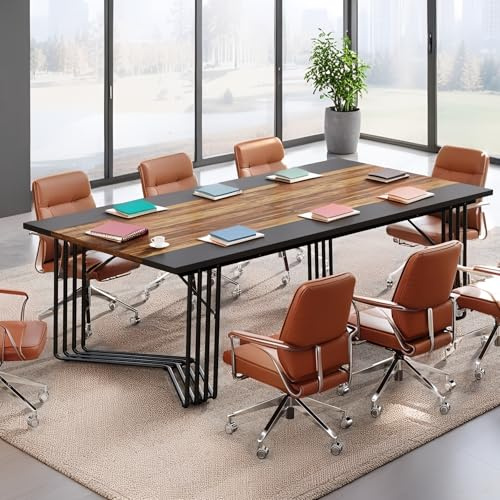 Skrivbord 200 cm med robust bordsskiva, konferensbord för 2 personer, hemmakontor, datorbord med robust metallram, mötes- och seminbord för 8–10 personer, rustik brunt