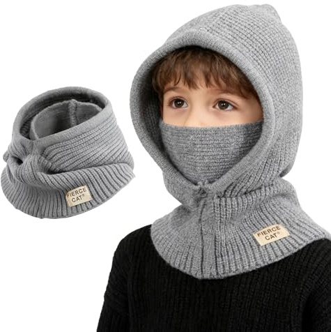 AYPOW Vinterbalaclava för barn, stickad varm mössa termisk halsduk, hattar set halsduk Balaclava keps halsrem öron pojkar flickor utomhus, Färg: grå, One Size