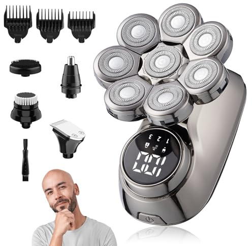 Anluomania 8D Afeitadora Cabeza Hombre, 5 en 1 Maquina Afeitar Cabeza para Calvo, Afeitadora Electrica hombre Calva, Maquina de Afeitar Hombre en Seco y Húmedo, con 8 Cabezas Rotativa, Pantalla LED