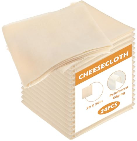 24 Pcs Grade 100 Cheese Cloths Unbleached Cotton Muslin Cloth for Straining Reusable Hemmed Cheesecloth for Cooking, Baking, Juicing, Cheese Making, and Coffee Brewing, 20x20 Inches