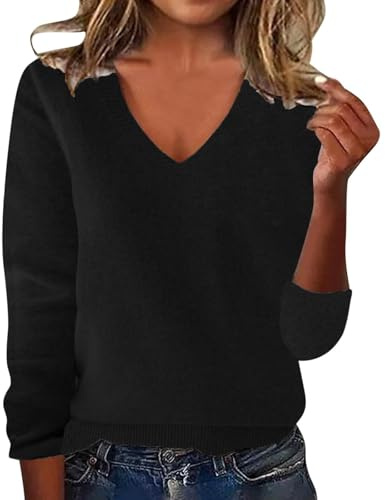 Mysiga kashmirtröjor för kvinnor V-ringad, 2025 höst vardaglig klassisk mjuk passform basic pullover jumper topp lätt varm tröja, Svart, S
