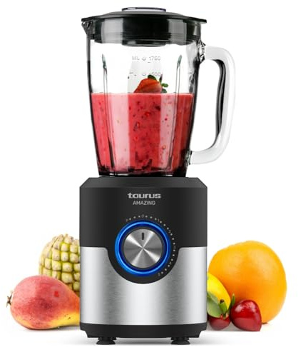 Taurus Amazing – Batidora de vaso JB1600XC | 1600W | Jarra cristal 1,75L | 5 Velocidades+Turbo | Cuchillas Inox 6 filos | Pica hielo | LED | Apto Lavavajillas